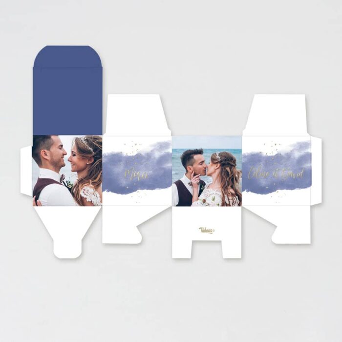 Boîte à dragées mariage cube effet aquarelle bleue et dorure