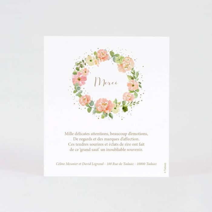 Carte remerciement mariage feuillage fleurs pastel photo et dorure